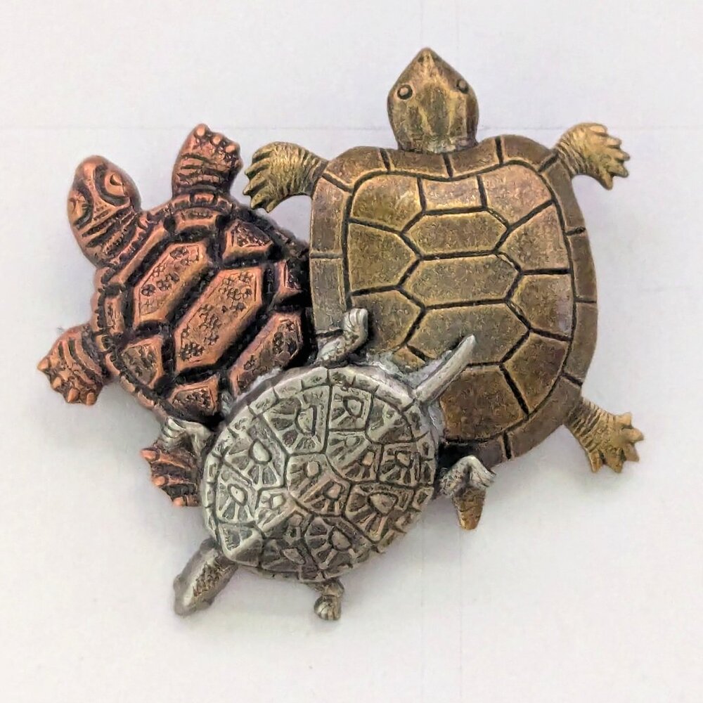 K & T Bronze, Brass, Silver Tone Turtles Tortoise Brooch Pin